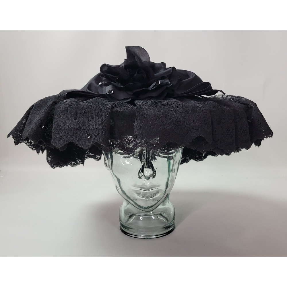 Whittall & Shon Black Straw‎ Wide Brim Hat Lace Ruffles Satin Flower Sequins